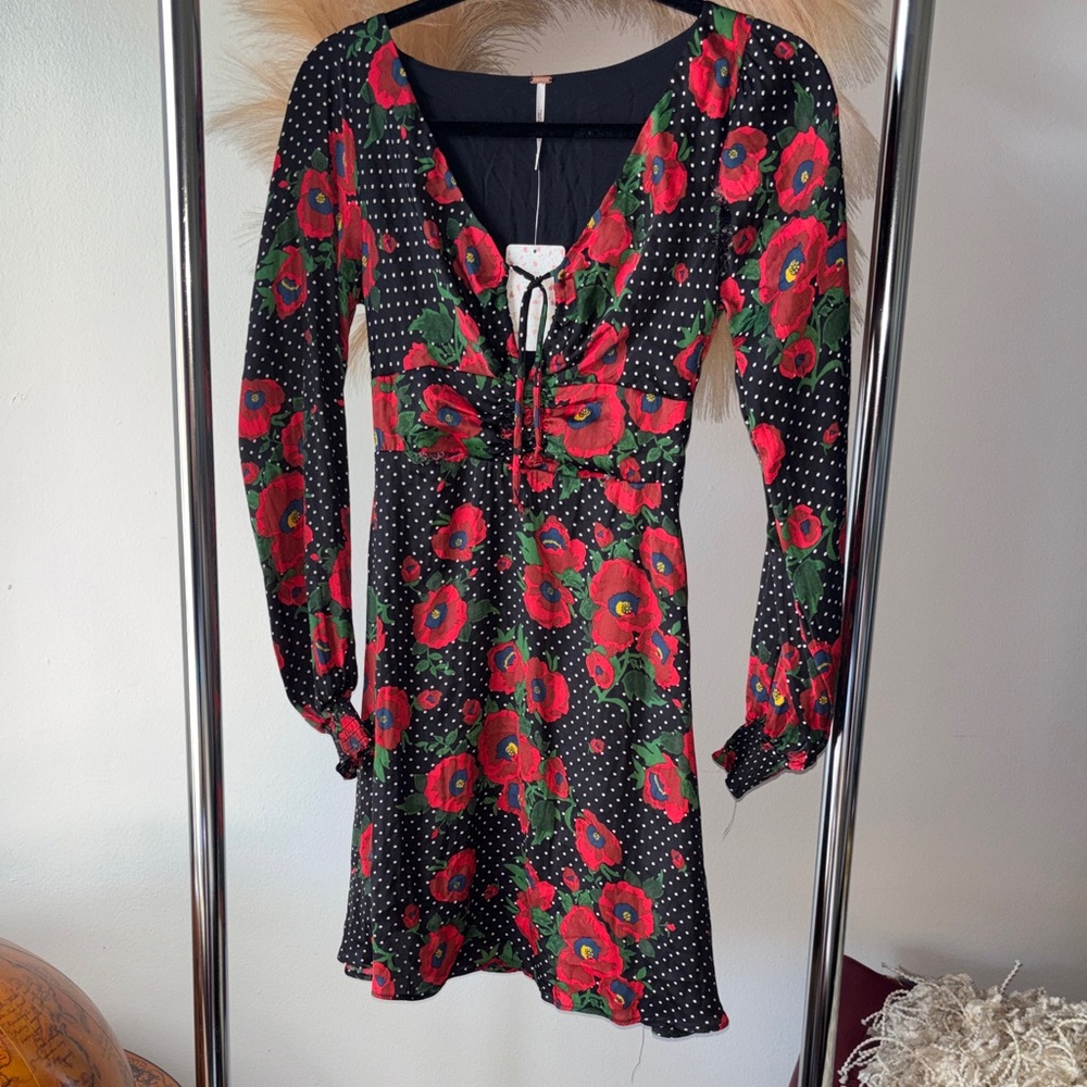 Free People Black Dress with Red Floral Design
